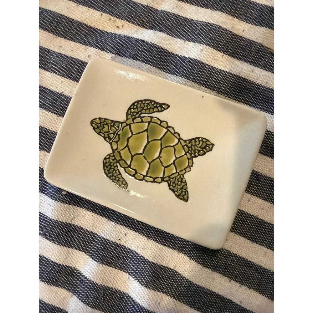 Kellie Montana Ceramic Sea Turtle Trinket Dish White Green Coastal Jewelry Tray